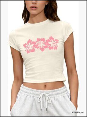 Y2K Cat Print Crop Top Slim Fit Short Sleeve Graphic Tee